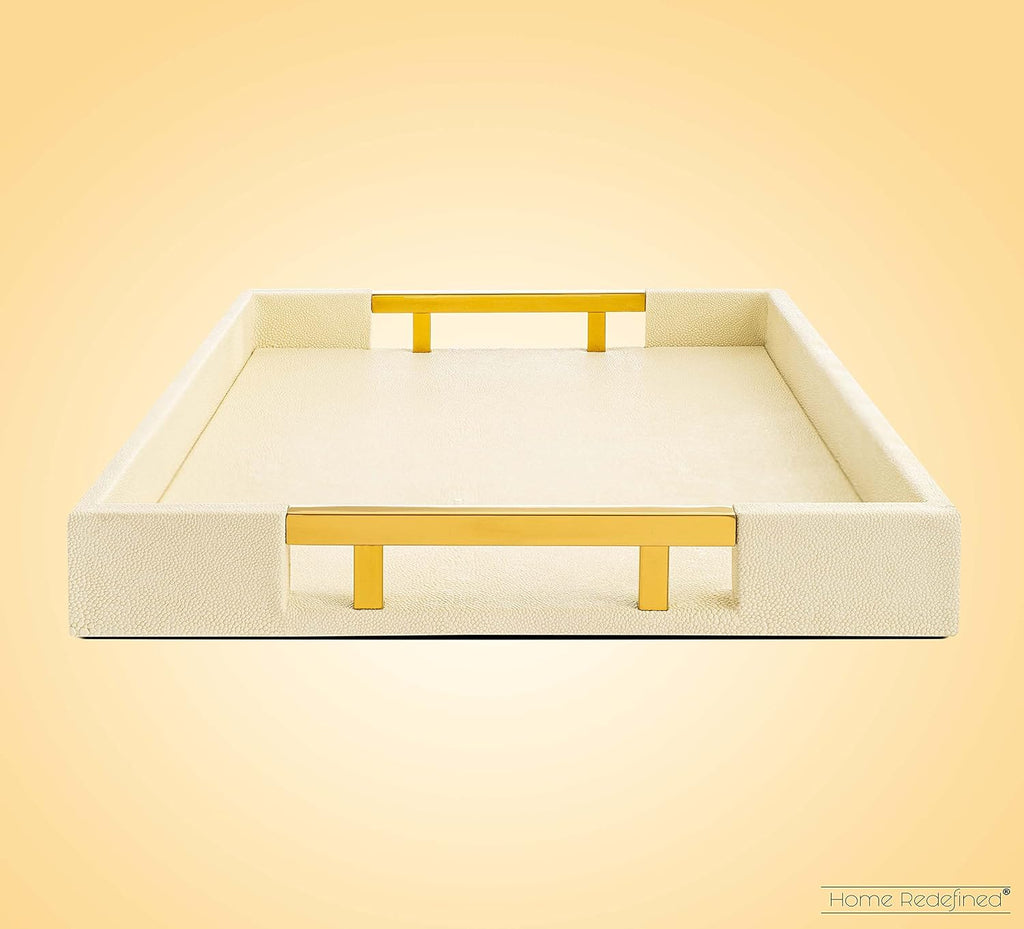Modern Elegant 17.5”x12” Rectangle Cream Rectangle Shagreen Faux Leather Decorative Tray Ottoman Tray Coffee Table Perfume Living Room Kitchen Serving Tray with Gold Polished Metal Handles.
