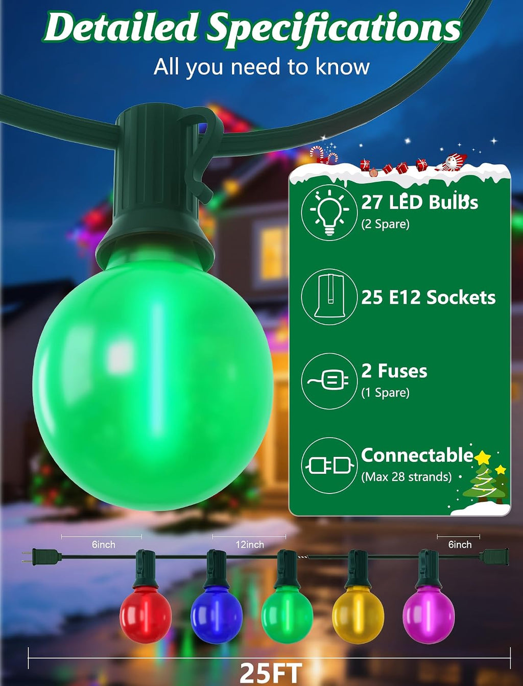 SUNSGNE 25FT LED Colored Christmas Lights with 25 G40 LED Shatterproof Frosted Multicolor Globe Bulbs, Waterproof Colorful Christmas String Lights for Patio Backyard Porch Balcony Gazebo Party Decor