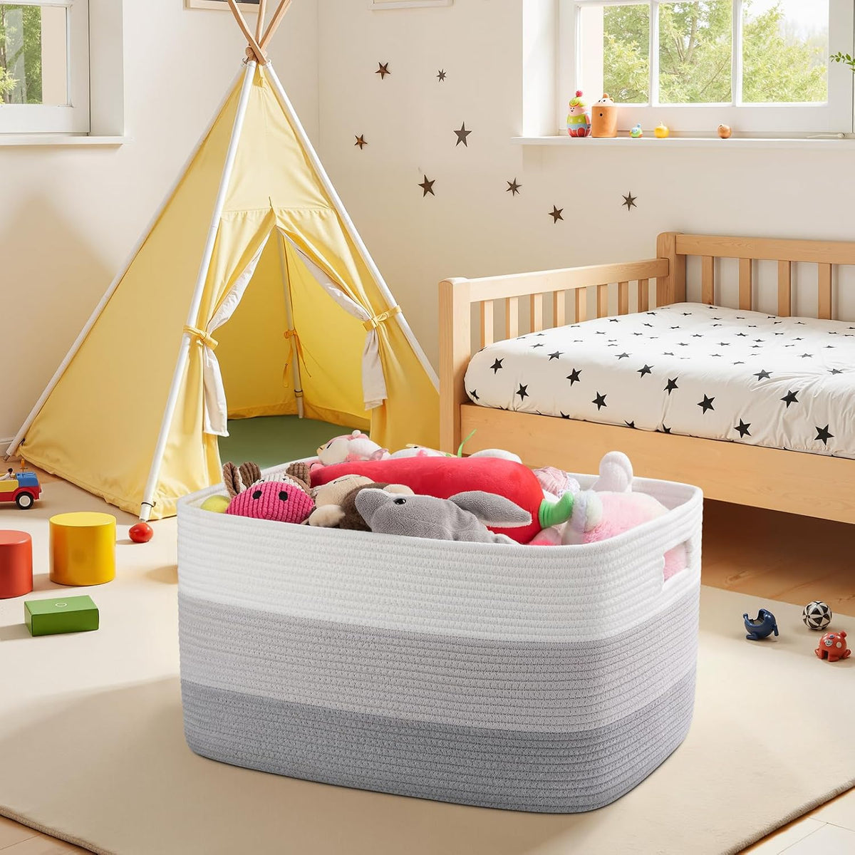 OIAHOMY Blanket Basket Laundry Basket Dog Toy Basket 75L Gradient Grey