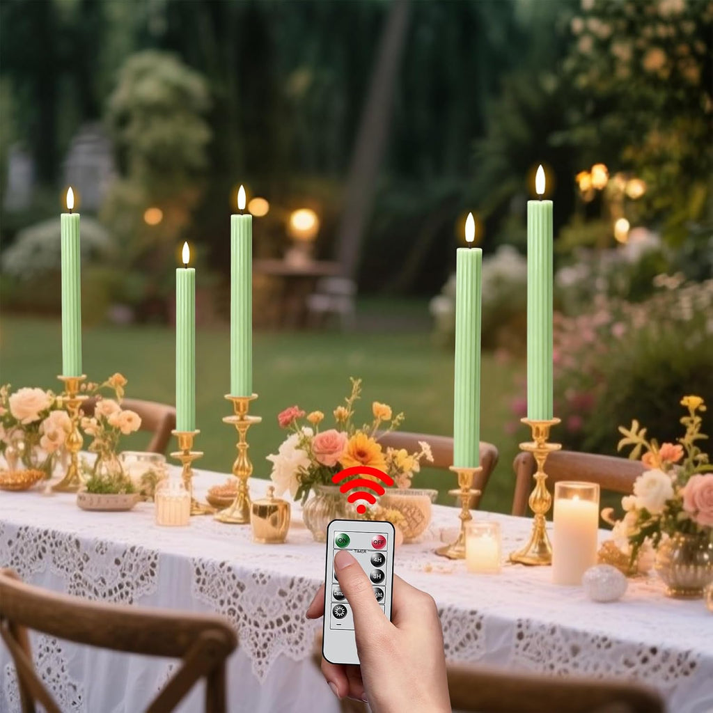 Green Flameless Taper Candles Battery Operated with Remote Timer