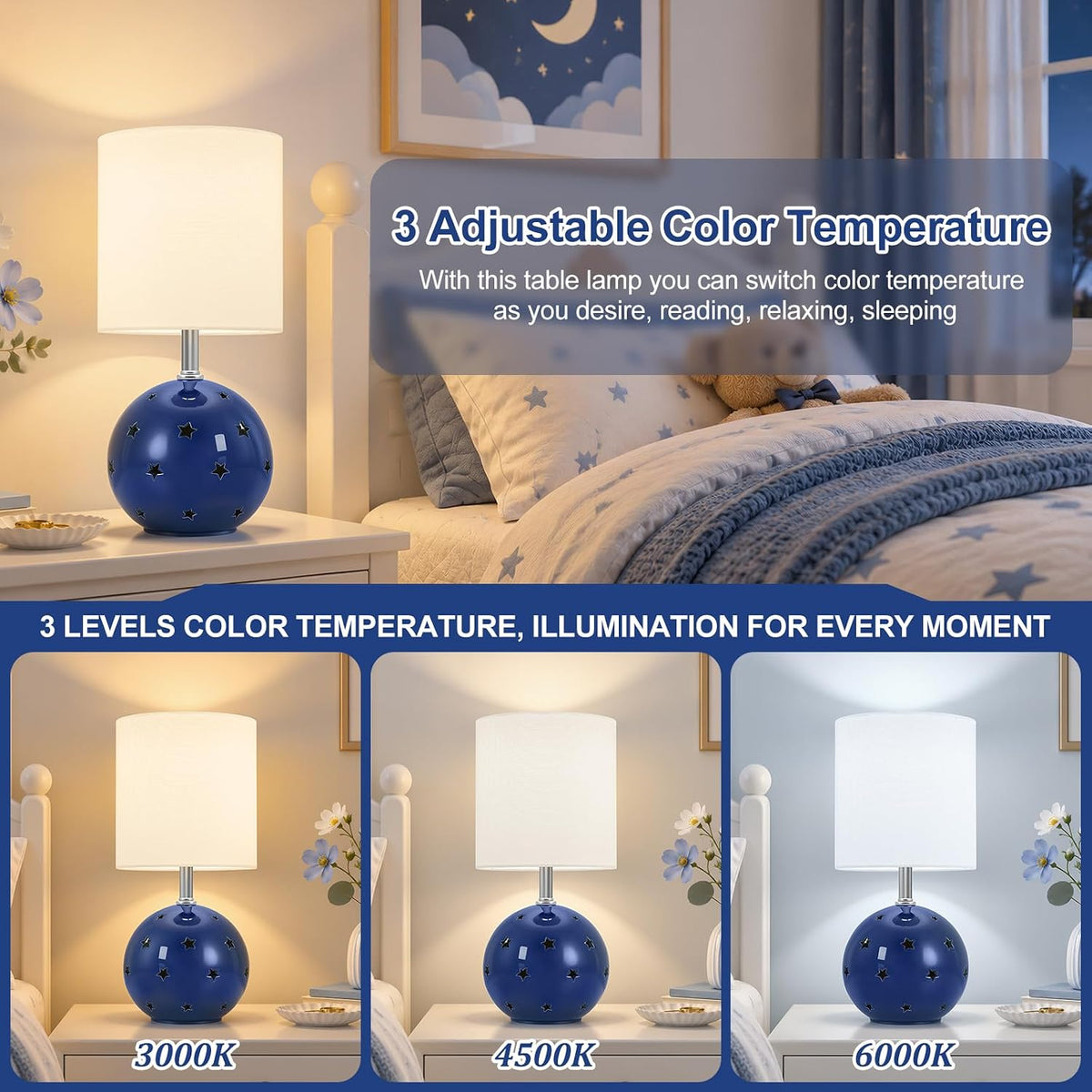 Small Table Lamp, 14" Navy Ceramic Bedside Lamp for Girls Kids Bedroom,Dorm
