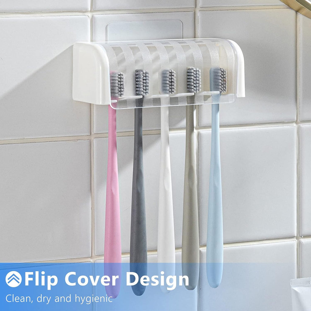 5 Slots Toothbrush Holder Wall Mount with Cover, Self Adhesive Toothbrushes Storage Organizer Perfect for Dorm Bathrooms and Shower, Holds 5 Toothbrushes. (White)