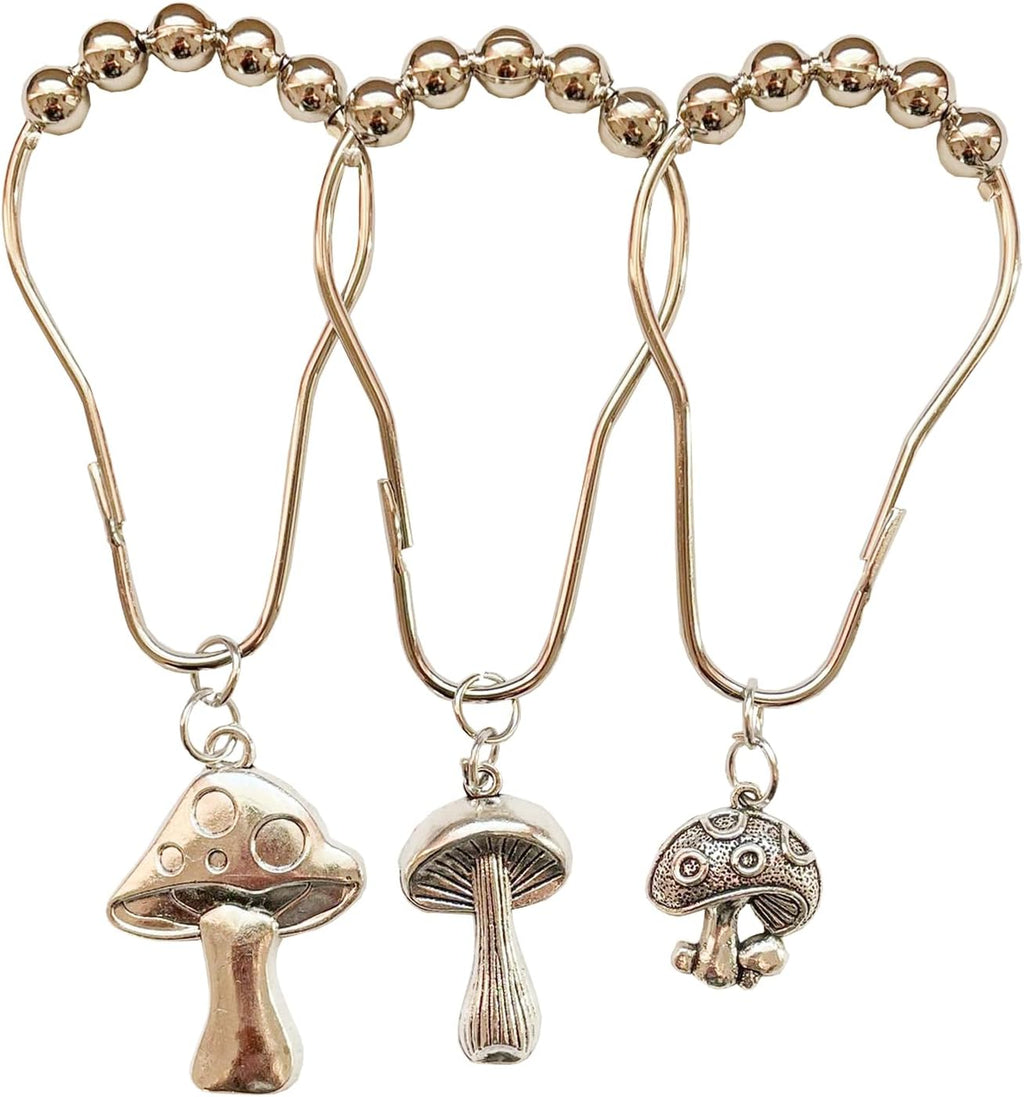Mushroom Shower Curtain Hooks, 12Pcs Rustproof Metal Cute Retro Mushroom Shower Curtain Hooks Rings for Boho Fairy Forest Country Cottagecore Style Home Bathroom Decor (Silvery)