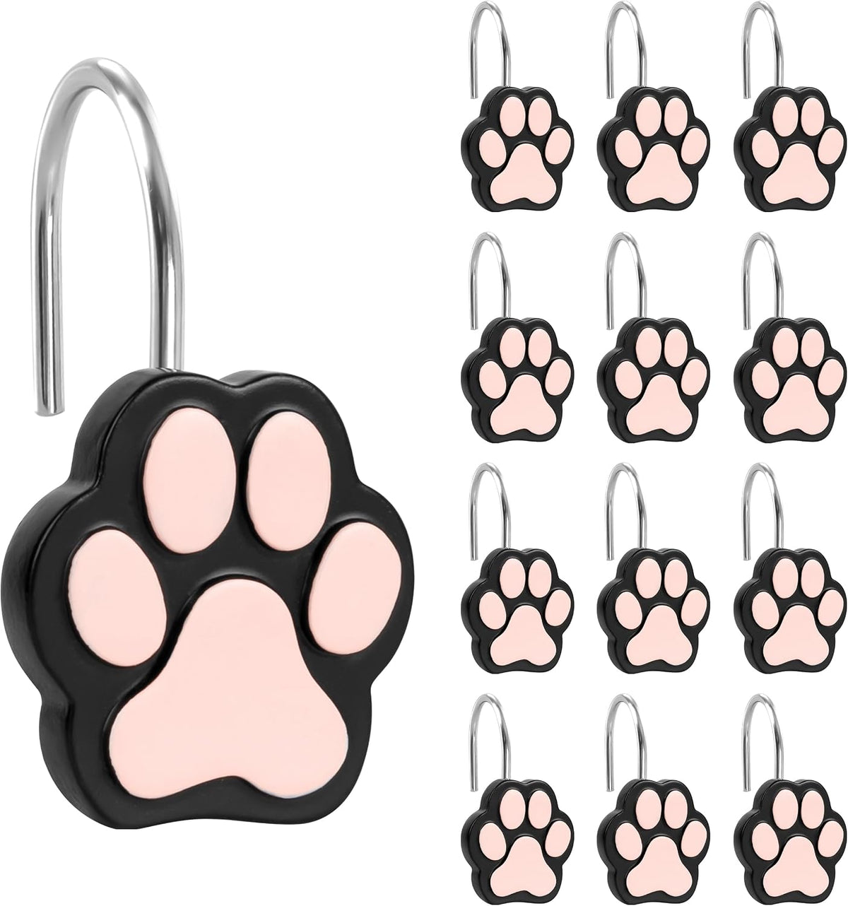 Sunlit Cute Paw Print Decorative Shower Curtain Hooks for Dog Cat Bear, Resin, Lovely Shower Curtain Rings for Kids, Bathroom Decoration Curtain Hangers, 12 Pack, Black & Pink