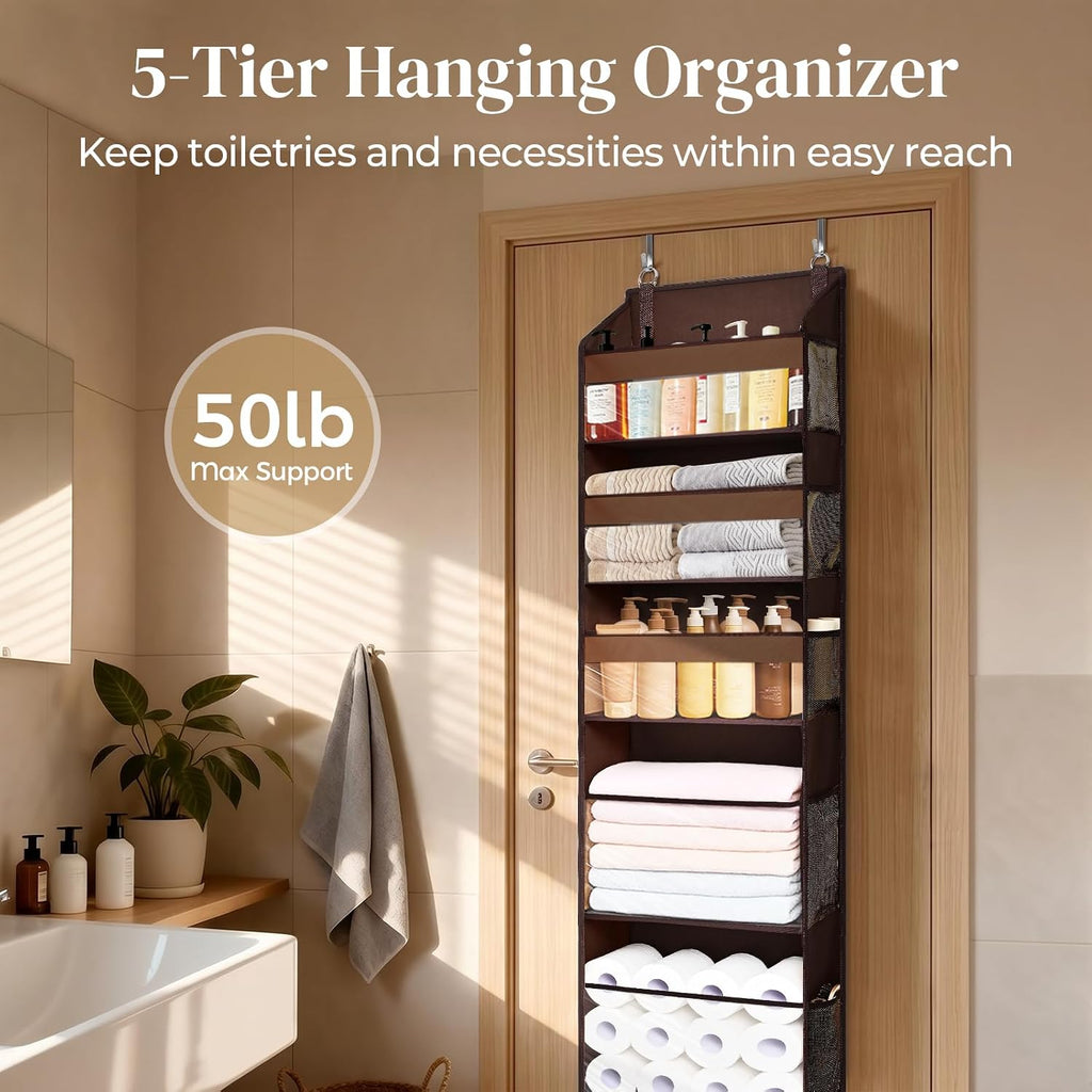 5 Tiers Over Door Organizer with 10 Mesh Side Pockets, 44 lbs Weight Capacity Hanging Storage Organizer with Clear Window Kids Toys, Shoes, Diapers, Dark Brown