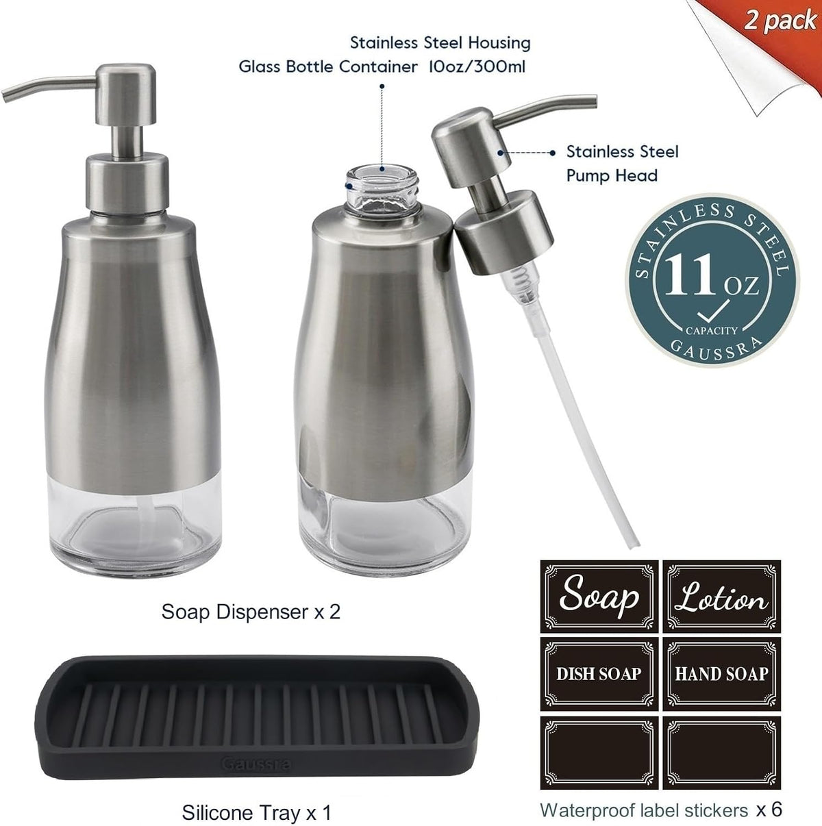 Gaussra Kitchen Soap Dispenser with Silicone Tray & Stickers 11 OZ / 320 ML