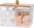 Qtip Holder with Bamboo Lids, 3 Compartments Cotton Ball/Swabs Dispenser, Apothecary Jar Clear Plastic Bathroom Container for Storage and Organizer