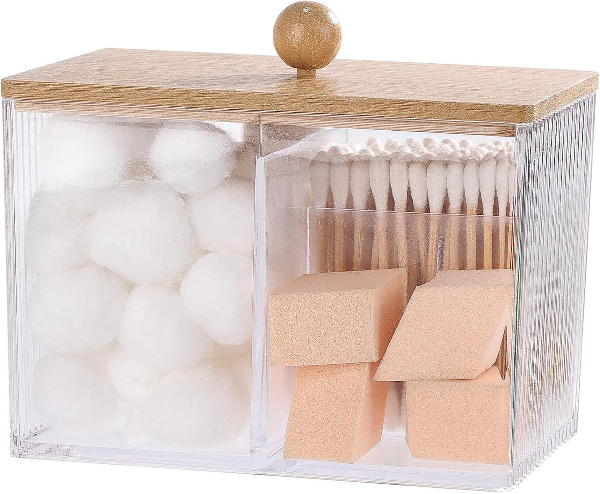 Qtip Holder with Bamboo Lids, 3 Compartments Cotton Ball/Swabs Dispenser, Apothecary Jar Clear Plastic Bathroom Container for Storage and Organizer