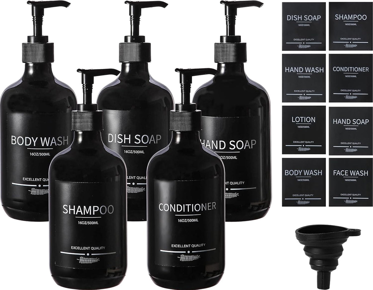 (5Pack) Black Shower Bottles Refillable with Labels, 16.9oz Reusable Shampoo and Conditioner Bottles,Shampoo Dispenser Bottles