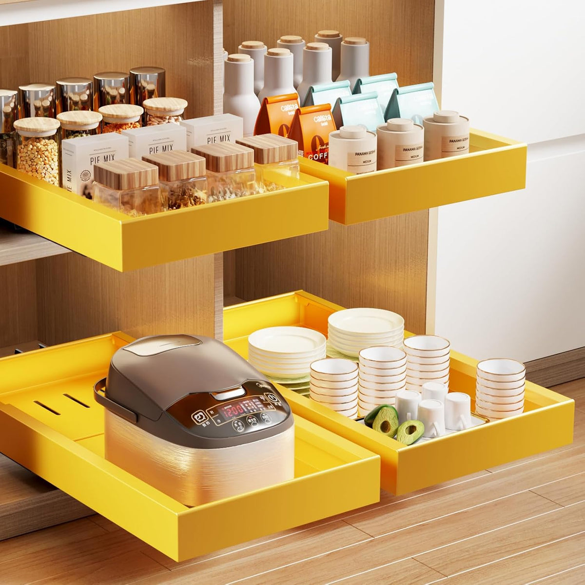 Mustorn 2 Pack Pull Out Cabinet Organizer,21.8" Deep Slide Out Drawer for Cabinets Adhesive Pull Out Drawers Heavy Duty Pull Out Shelves for Kitchen,Cupboard,Pantry,Bathroom-Yellow
