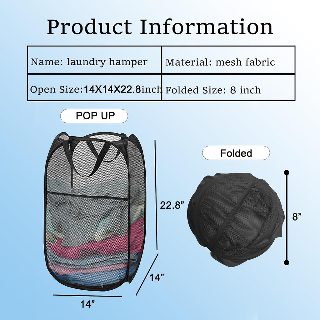 Pop Up Laundry Hamper Pack of 2 Mesh Collapsible Laudry Baskets with Side Pocket and Handles, Easy to Carry for Cruise, Home, Dorms, Laundry Room (Black+Rose red)
