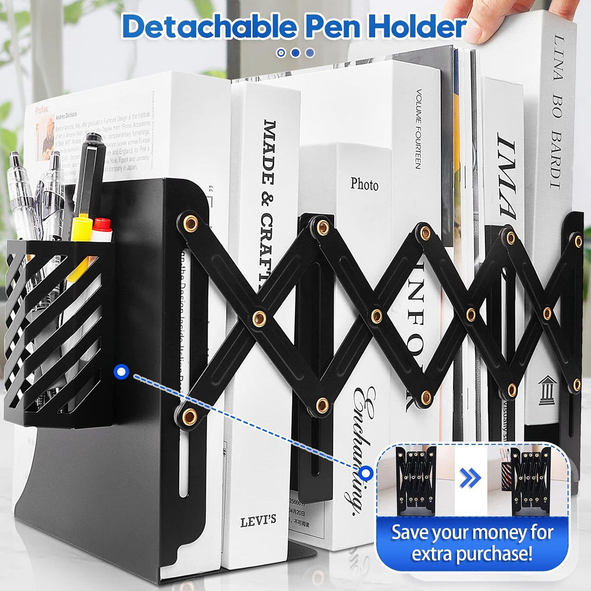 Heavy Duty Book End to Hold Books + Detachable Pen Holder, Adjustable Bookends Book Holder for Shelves, Decorative Book Organizer for Desk, Sturdy Metal Book Ends Binder Holder for Tabletop