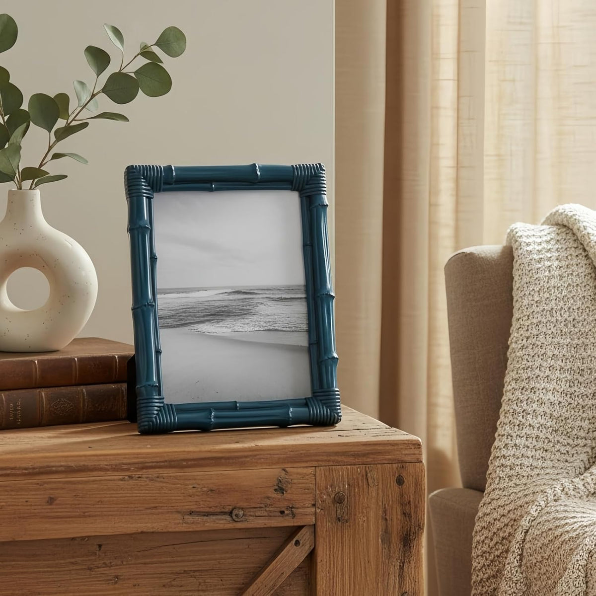 5x7 Picture Frame, Bamboo Photo Frame with Antique Finish Rustic Decorative Frame for Tabletop Display Wall Mount Ideal Gift for Living Room Bedroom Vanity Shelf Decor Keepsake, Ultramarine