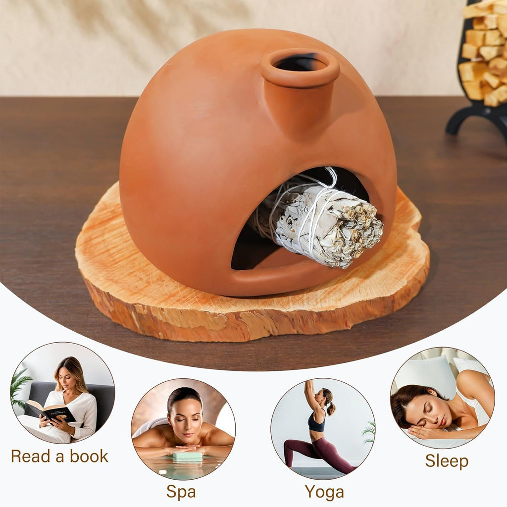 Large Terracotta Palo Santo Holder - Chiminea Incense Dish with Chimney