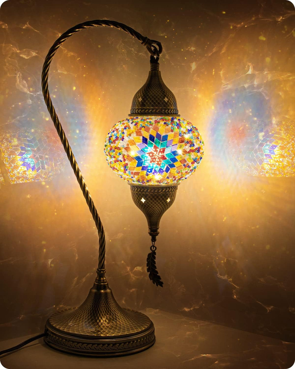 Yarra-Decor Turkish Moroccan Mosaic Table Lamp with Bronze Base - 3 Color Options Handmade Swan Neck Tiffany Mosaic Glass Bedside Lamps for Bedroom, 19" Color1(LED Bulb Included)