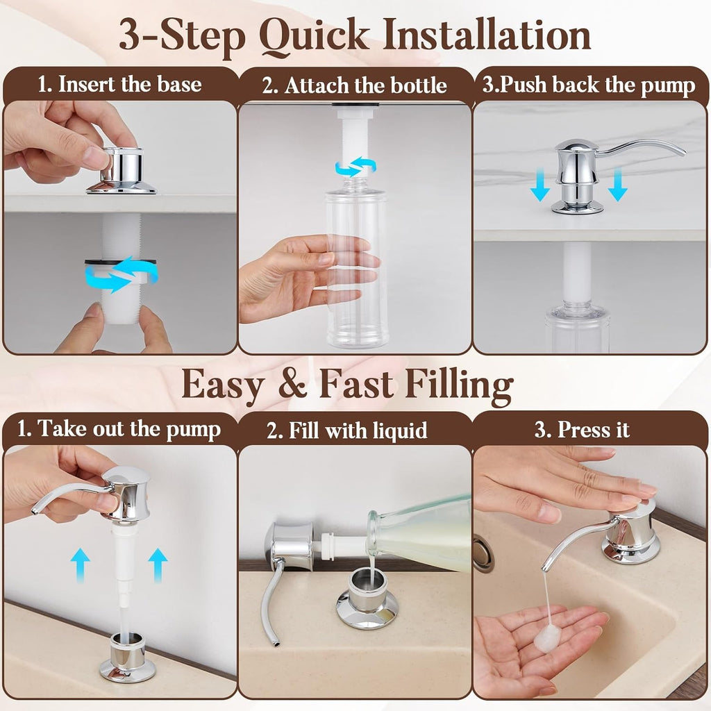 Built in Soap Dispenser for Kitchen Sink Countertop, Brass, Chrome
