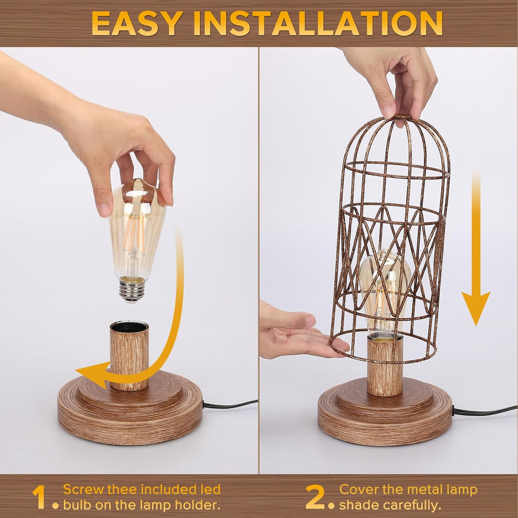 Touch Table Lamp, Industrial Desk Lamp with Rustic Wood Metal Cage Shade