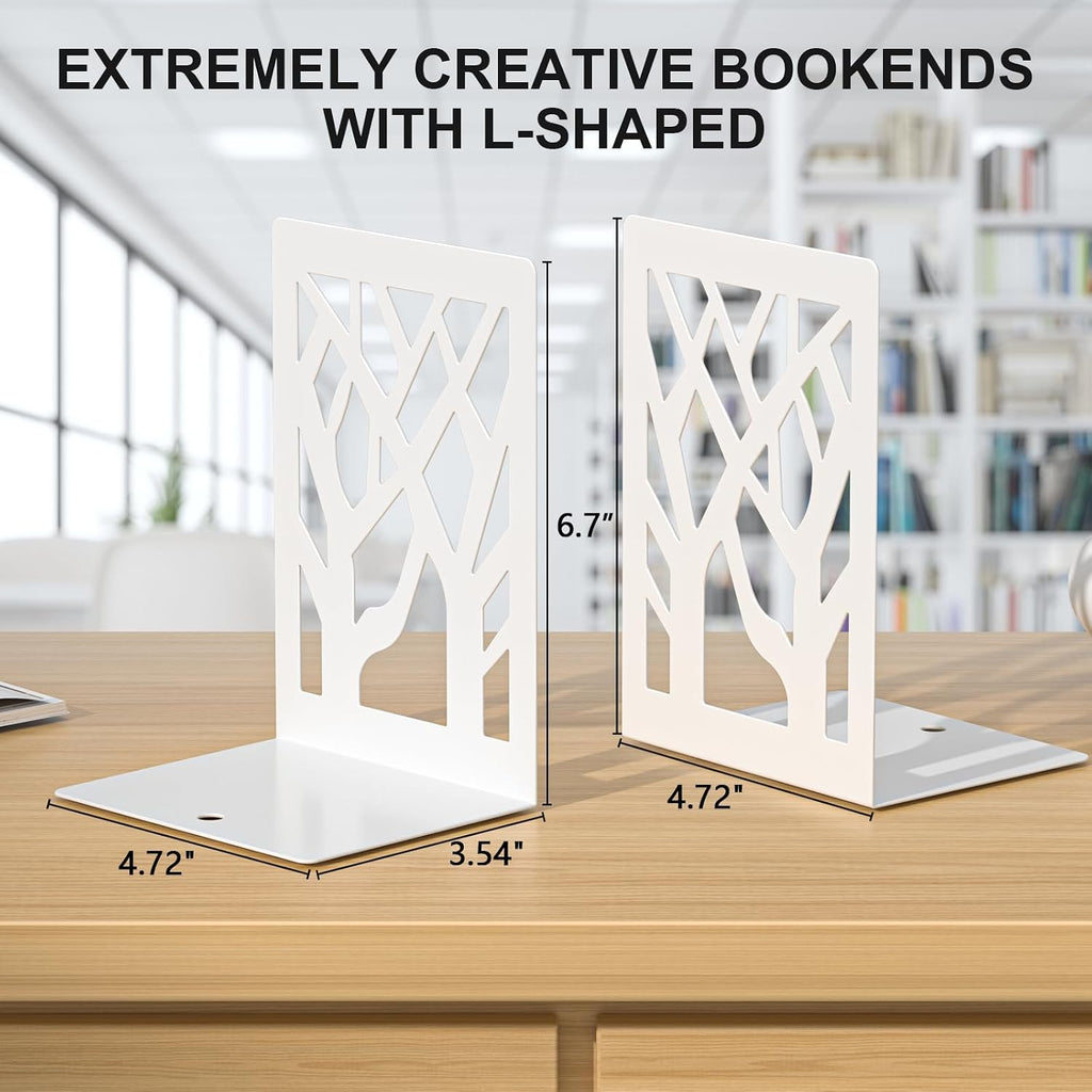 White Bookends 4 Pieces, Tree Design Modern Metal Bookends for Shelves, Unique Tree Book Ends Decorative Book Organizer for Desk, Decorative Shelve Book Stopper for Home Office