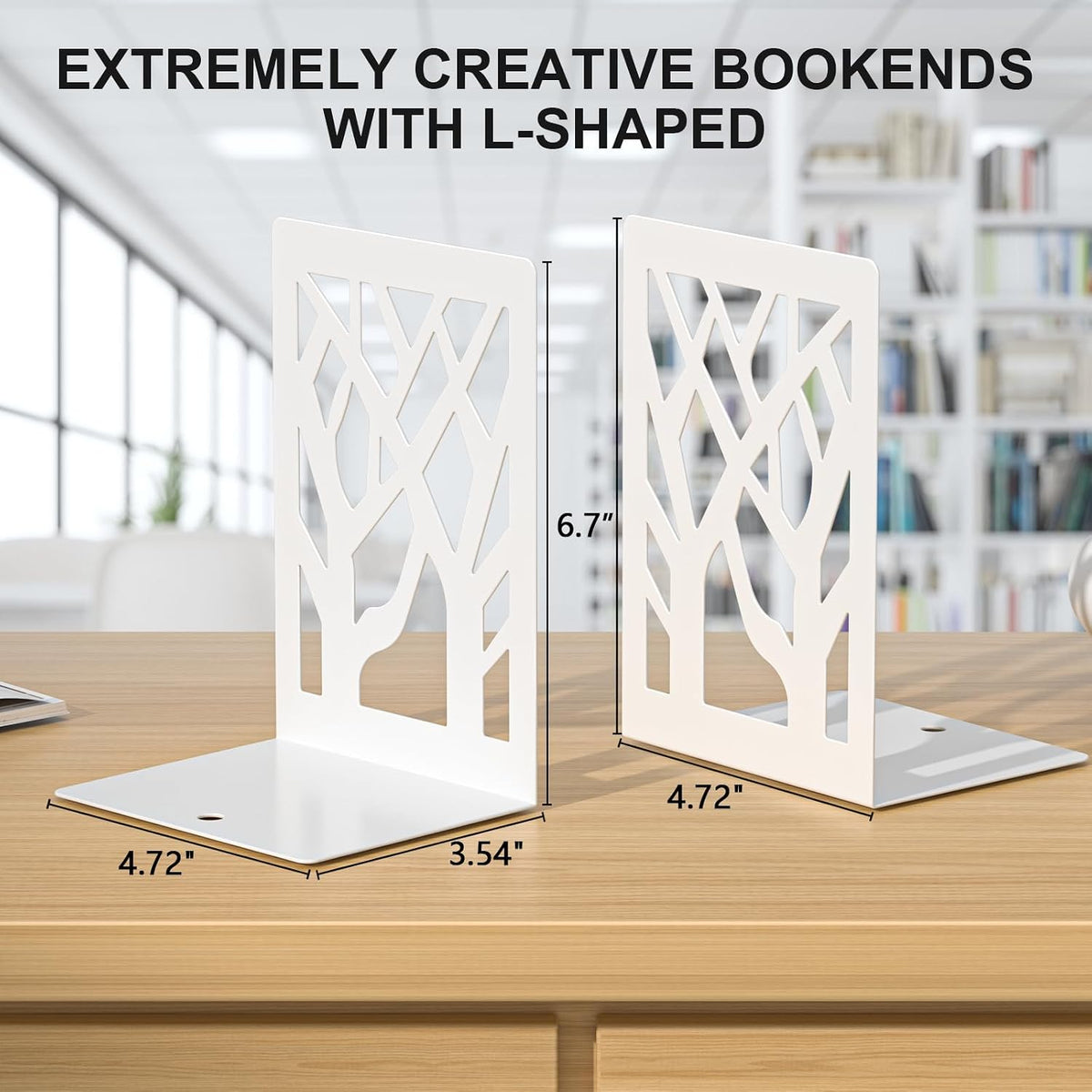 White Bookends 4 Pieces, Tree Design Modern Metal Bookends for Shelves, Unique Tree Book Ends Decorative Book Organizer for Desk, Decorative Shelve Book Stopper for Home Office