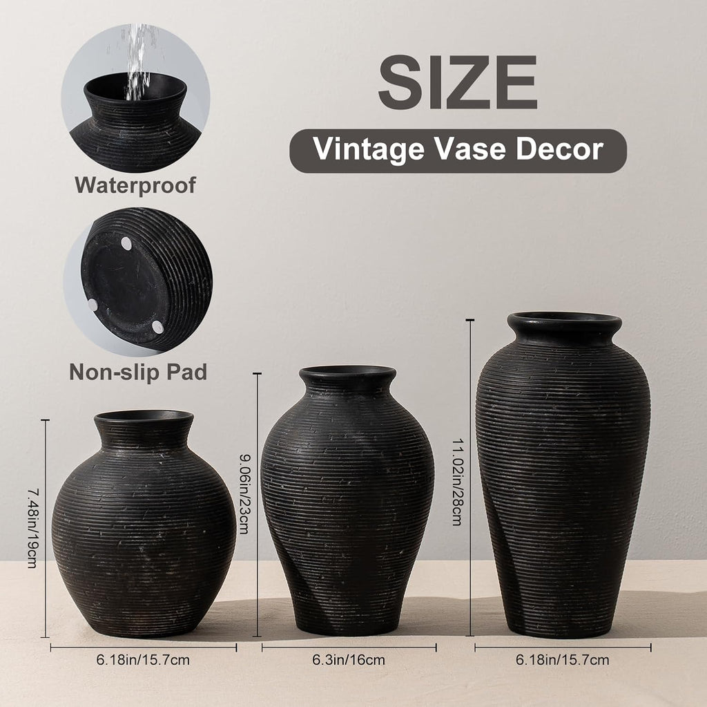 9.06 Inch Tall Vintage Ceramic Flower Vase, Rustic Farmhouse Vase for Home Decor, Distressed Decorative Terracotta Vase for Table Centerpiece Living Room Bathroom Bedroom (Black-9.06'')