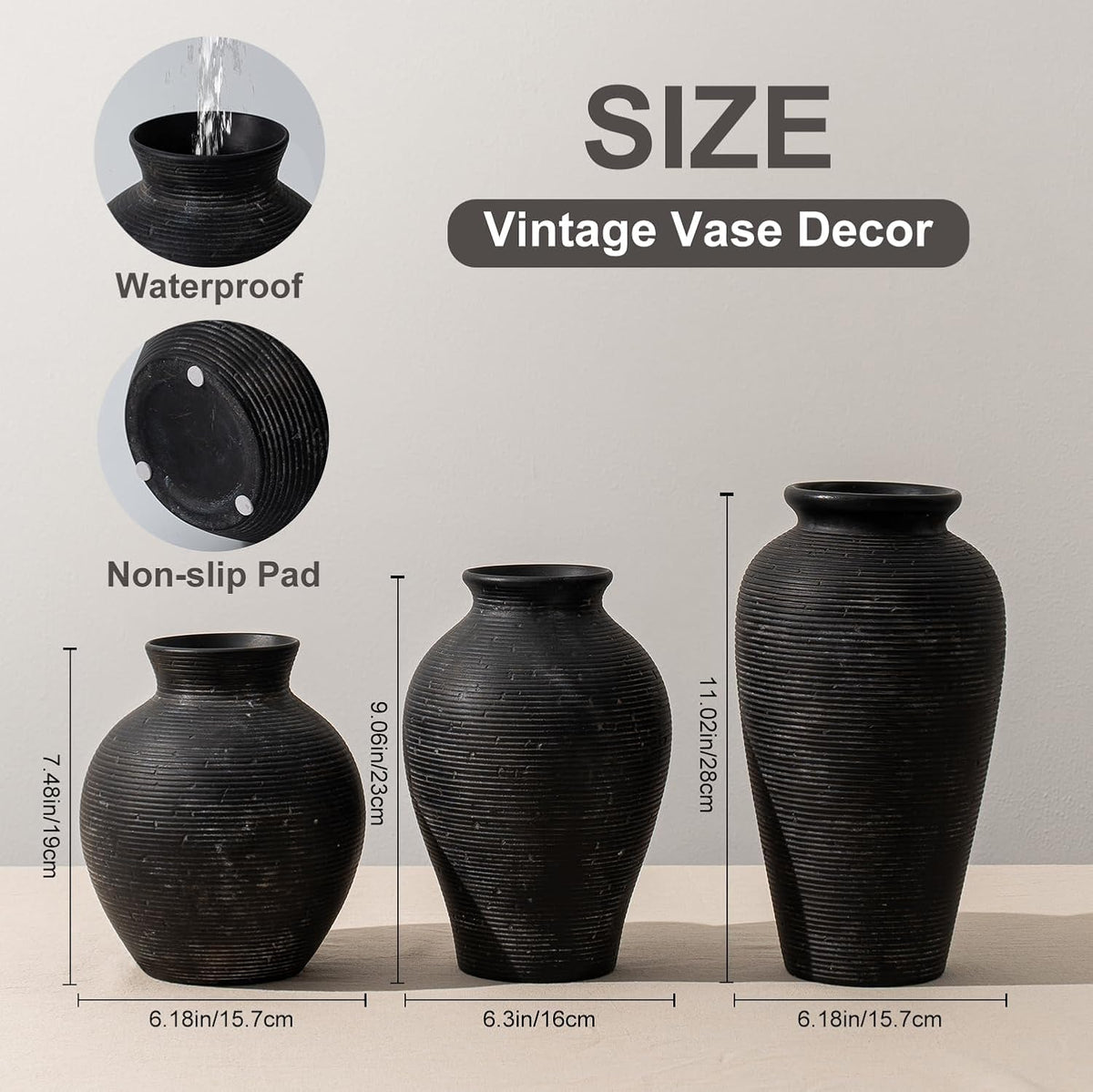 9.06 Inch Tall Vintage Ceramic Flower Vase, Rustic Farmhouse Vase for Home Decor, Distressed Decorative Terracotta Vase for Table Centerpiece Living Room Bathroom Bedroom (Black-9.06'')
