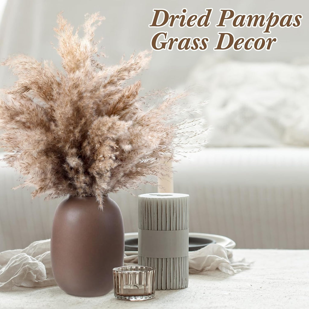 Janinka 300 Pcs Dried Fluffy Pampas Grass Bulk 17 Inch, Boho Decor, Brown