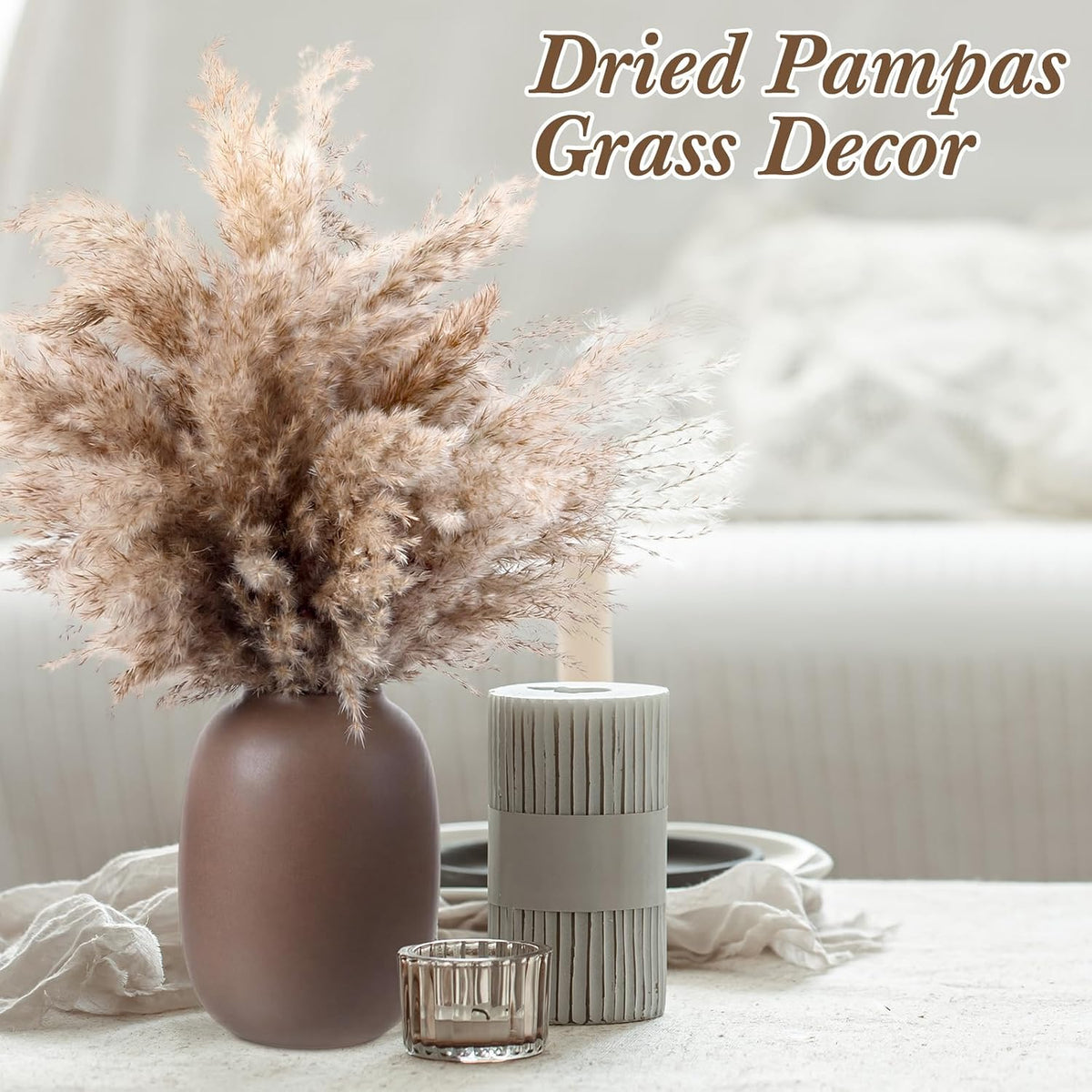 Janinka 300 Pcs Dried Fluffy Pampas Grass Bulk 17 Inch, Boho Decor, Brown