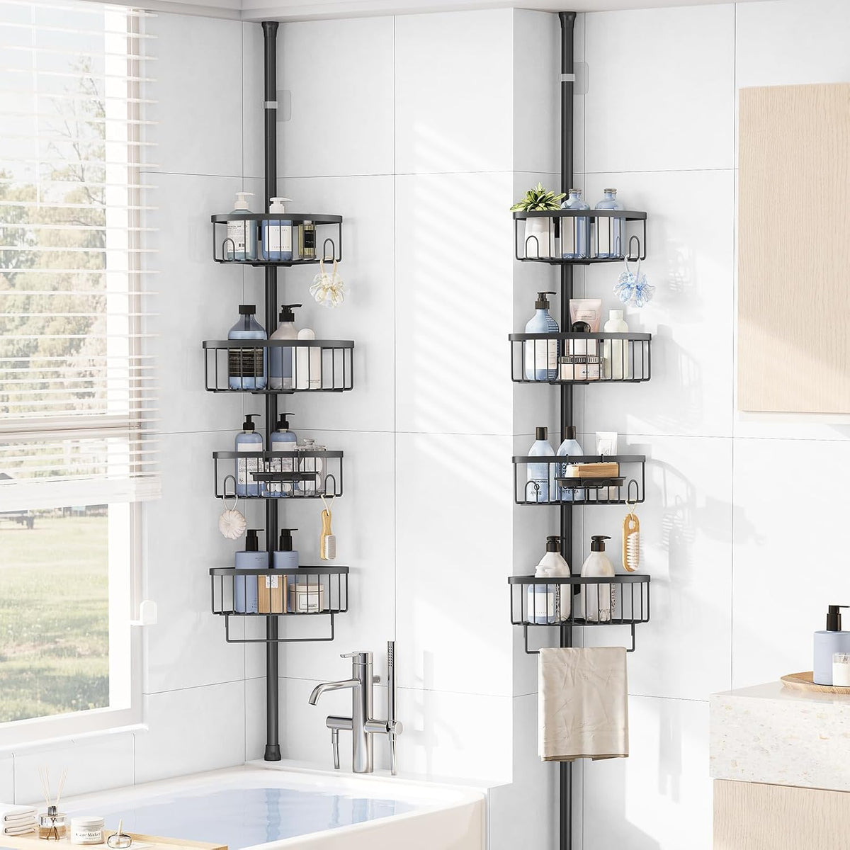 KINGRACK 4-Tier Tension Pole Shower Caddy,Corner Shelf for Storage, Black