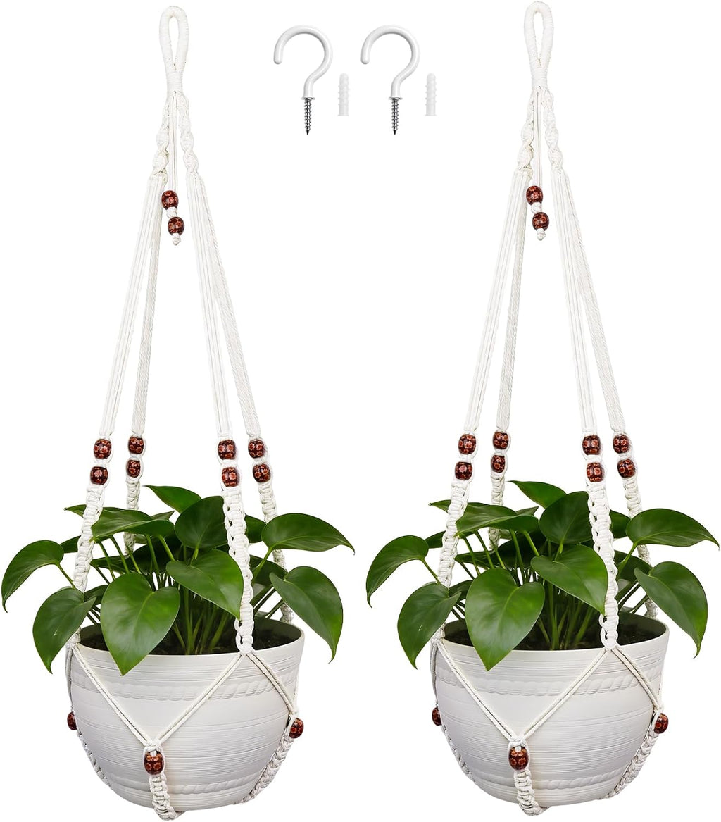 Macrame Plant Hanger Indoor 35 Inch Hanging Basket Ivory 2Pack