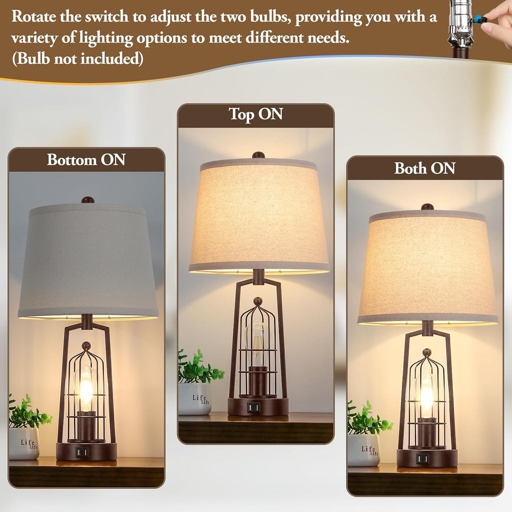 Brightever Farmhouse Table Lamps with 2 USB Ports, Set of 2 Rustic Industrial Desk Lamp for Living Room, 2-Light with Beige Lampshade for Bedside, Bedroom, Nightstand, House Decor, Reading(Bronze)