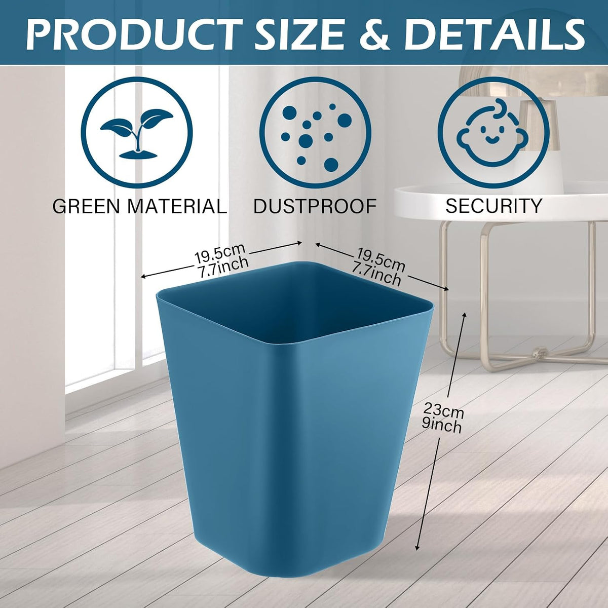 Hoolerry 9 Pieces Garbage Can 2 Gallon Small Trash Cans Bulk Bathroom Trash Bin Plastic Wastebasket Square for Bedroom Slim Bathroom Trashcan Small Container for Kitchen Office Home (Bluish Green)