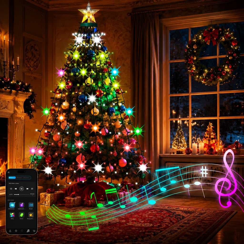 Smart Valentine's Day Lights with Star Topper, APP Control Music Sync Color Changing RGB Christmas String Lights, Cascading Twinkle Lights for Indoor Outdoor Xmas Tree Decorations