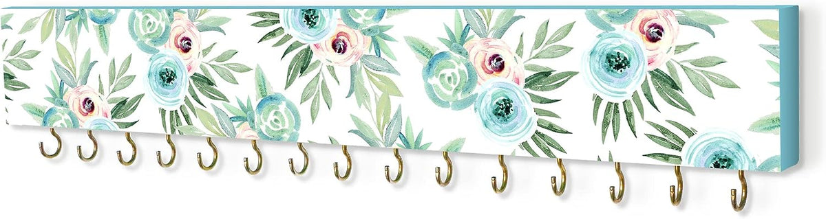 SANY DAYO HOME Wall Mounted Necklace Holder 16 x 3 inches Wood Hanging Jewelry Organizer with 15 Hooks for Necklaces, Girl Hair Bows, Bracelets - Elegant Rose