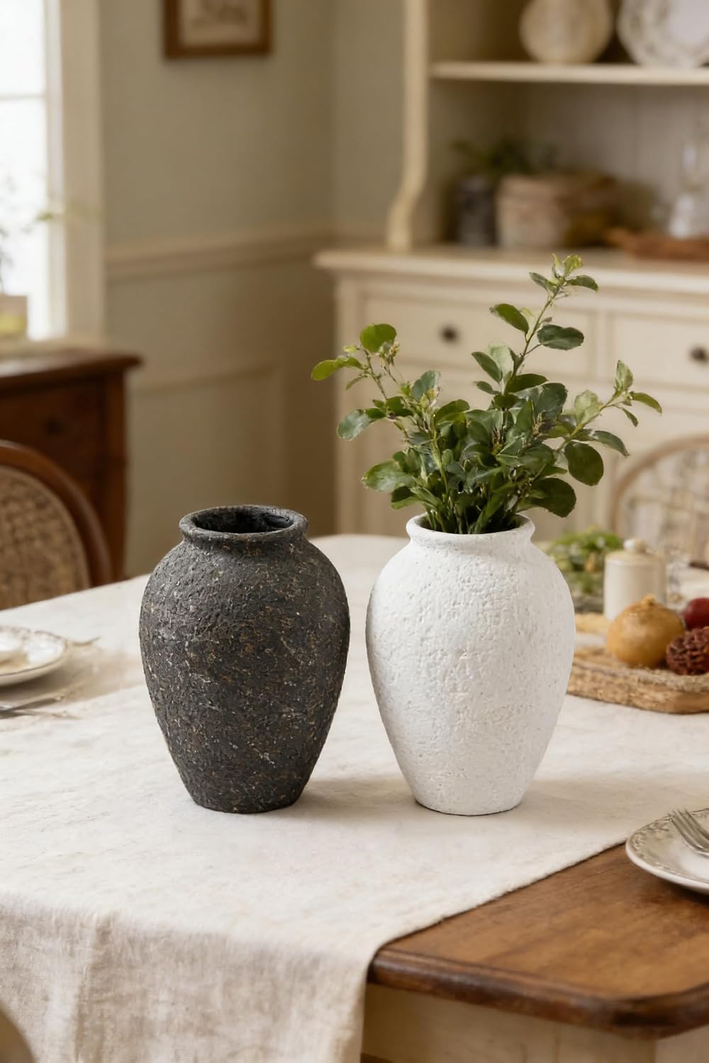 Ceramic Flower Vase, 6.9 inch Small Vase for Centerpieces, Decorative Terracotta Vases, Farmhouse Rustic Vase for Home Decor, Living Room, Table, Entryway, Mantel, Bookshelf, Kitchen, White
