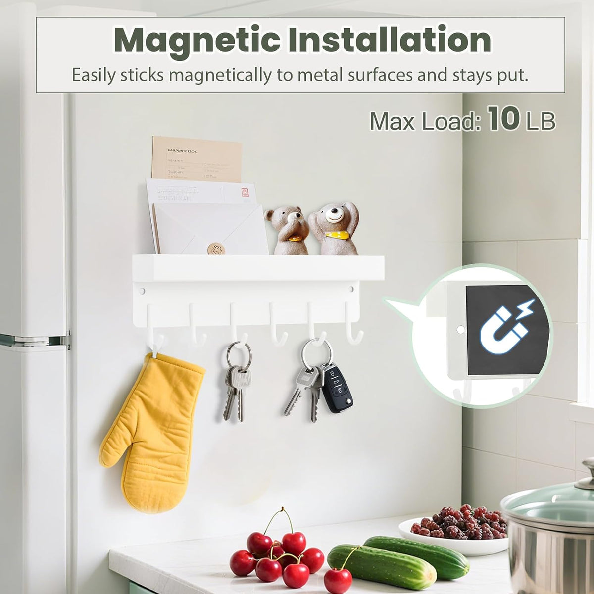 Magnetic Key Holder Wall Mount, Small Key Rack with Tray, White