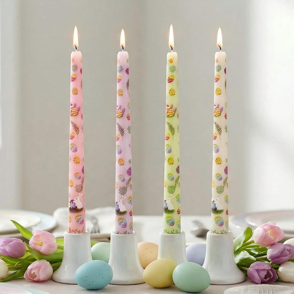 4 Pack Easter Printed Taper Candles, 10 Inch Tall Tapered Candles with Bunny & Egg Designs for Easter Dinner Table Home Party Decor