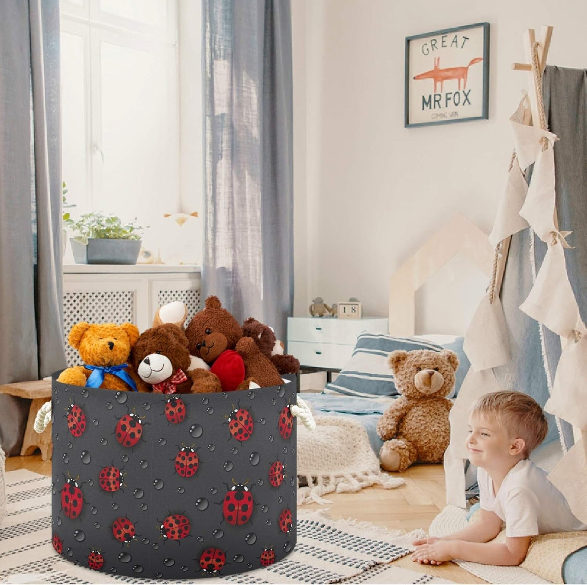 visesunny Cute Ladybug Pattern Laundry Baskets Fabric Storage Bin Storage Box Collapsible Storage Basket Toy Clothes Shelves Basket for Bathroom,Bedroom,Nursery,Closet,Office