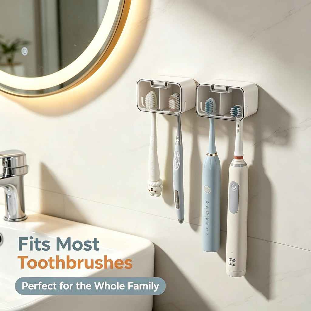 Toothbrush Holder Wall Mounted with Pop-Up Waterproof Cover, 2 Slots & Ventilated, No-Drill Adhesive Bathroom Organizer, Detachable Easy Clean, Fits Most Manual & Electric Toothbrushes (2pc Grey)