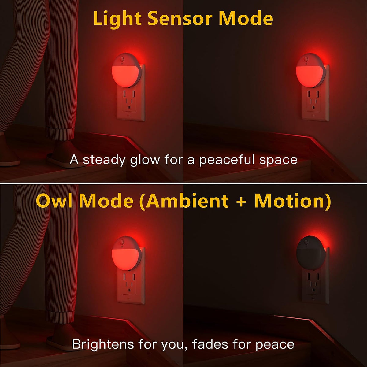 YUNLEX Red Night Lights Motion Sensor, Dimmable Plug in Nightlight, 2 Pack