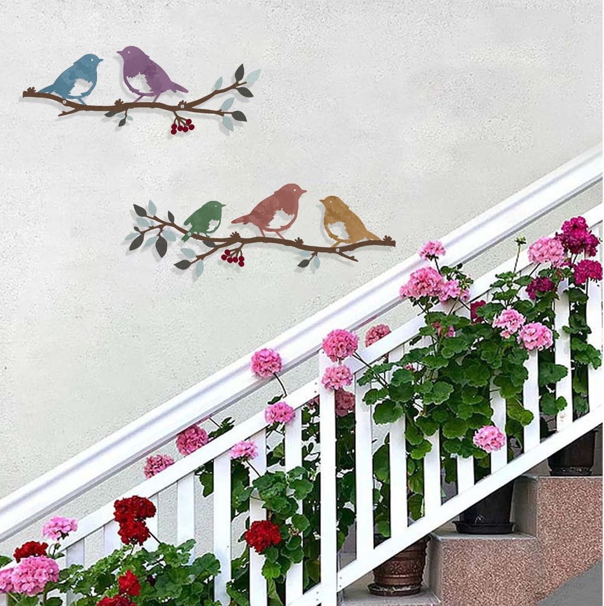 Harikikochuu 2 Pcs Metal Birds Wall Art Decor Robin Bird on the Branch Silhouette Art Metal Decorative Birds Hanging Wall Sculpture for Outdoor Balcony Garden Porch Décor(Colorful)