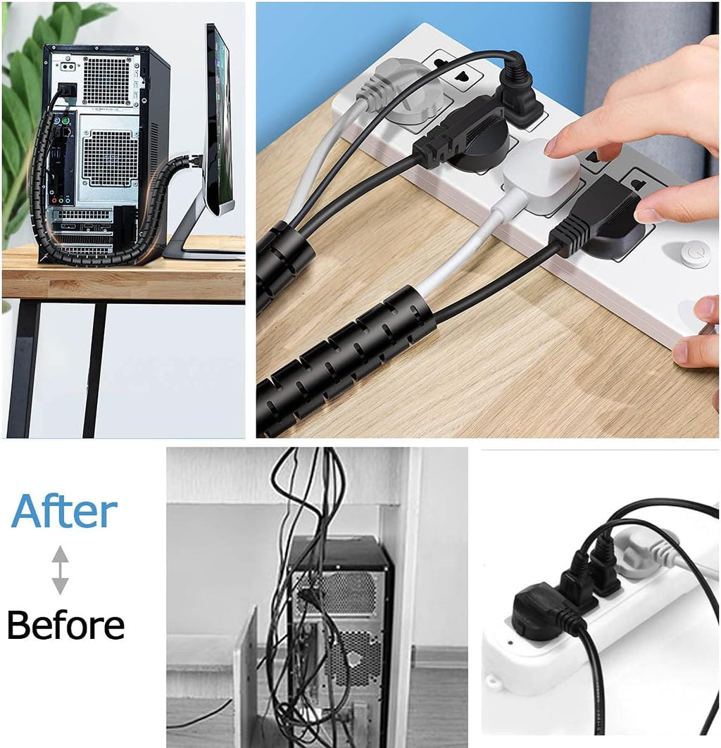 Large PC Cable Management Tube Sleeve Under Desk Wire Organizer for Cords 2 PCS Black, 1.1 inch -5 ft EZ Spiral Cable Wrap Cover Bundler w/Clips for TV Office, Pet Proof Cable Protector