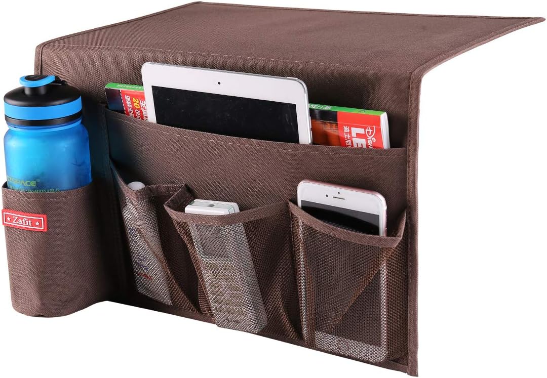 Zafit 5 Pockets Bedside Caddy, Bedside Storage Organizer for Water Bottles, Magazines, Phone, Glasses (5 Pockets-Coffee)