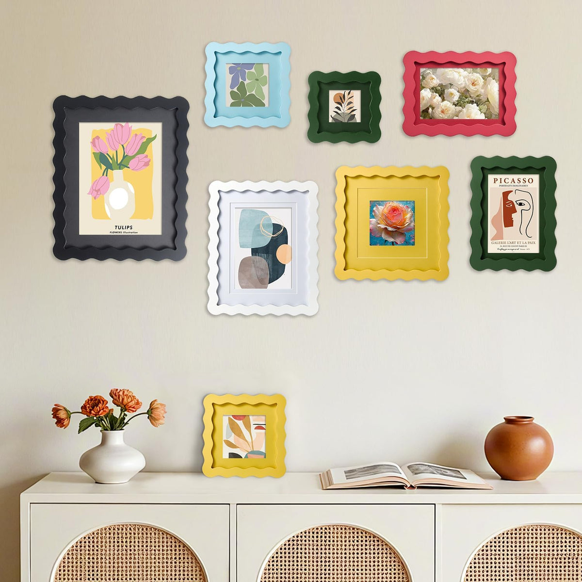 SNAPSHOT 11x14 Picture Frame with Mat for 5x7/8x10, Wooden Photo Frames with Real Glass for Wall Mount and Tabletop, Wavy Edge Black, 1 Pack