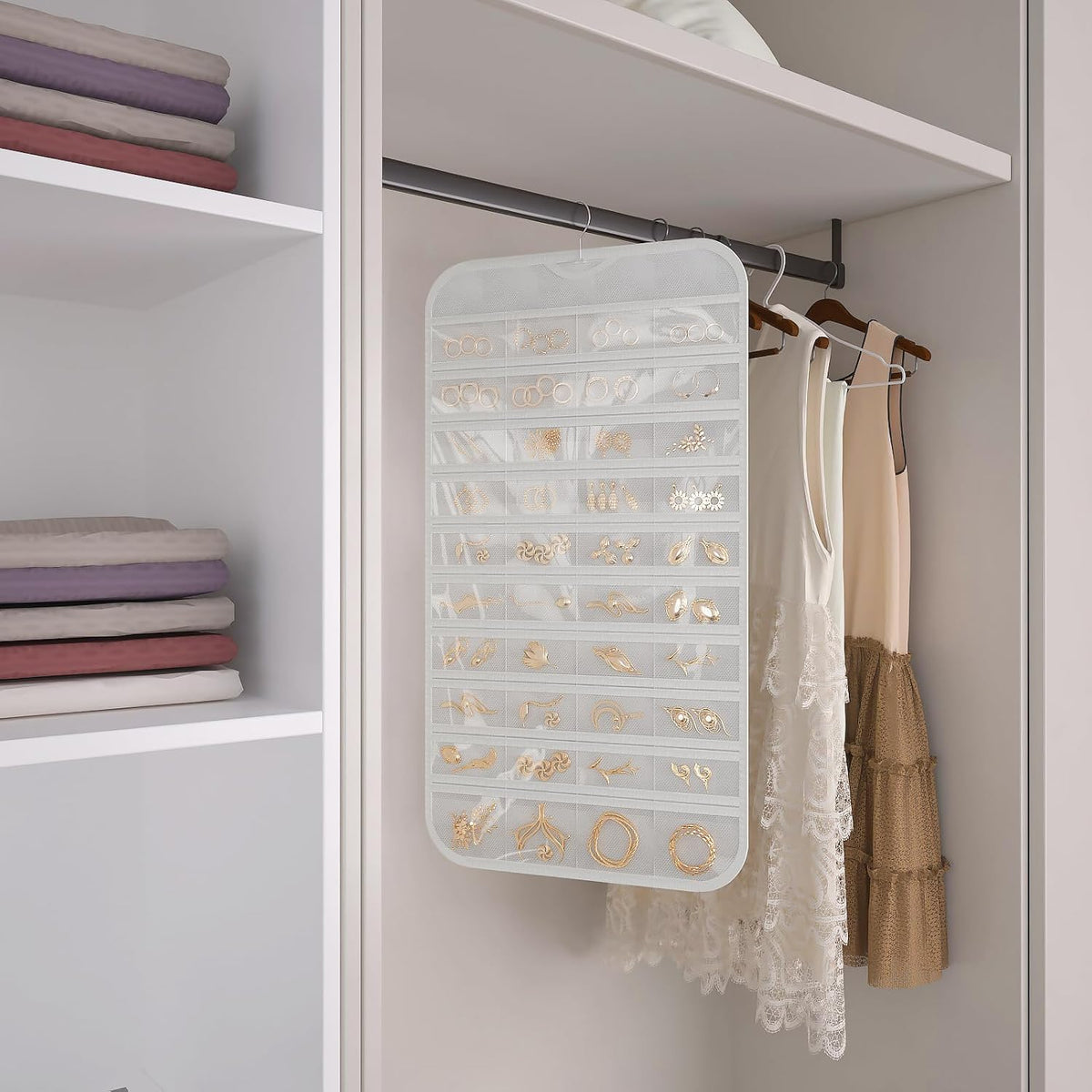 2-Pack Hanging Jewelry Organizer 80-Pocket Dual-sided Jewelry Storage for Jewelry Earring Necklace Bracelet Ring Storage Travel Holder, White