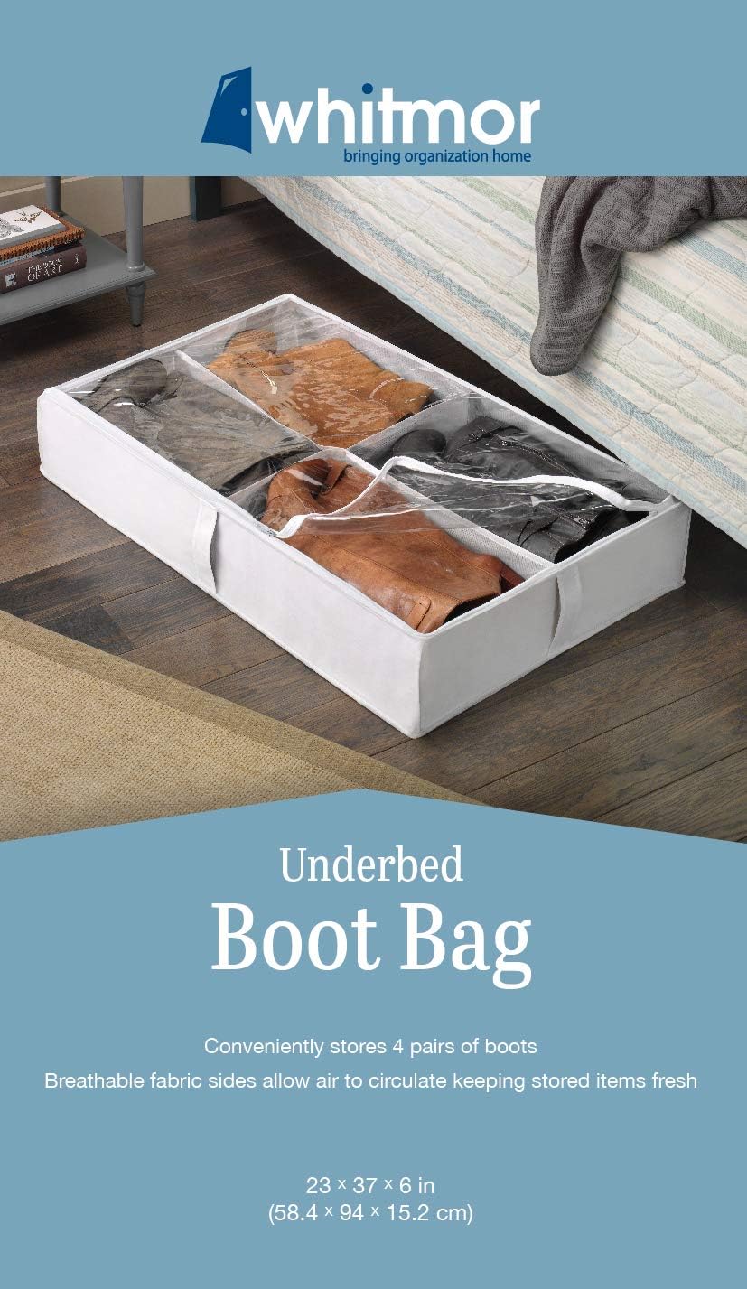 Whitmor Underbed Boot Storage Bag, 4 Sections, Clear Top, 23" x 37", White