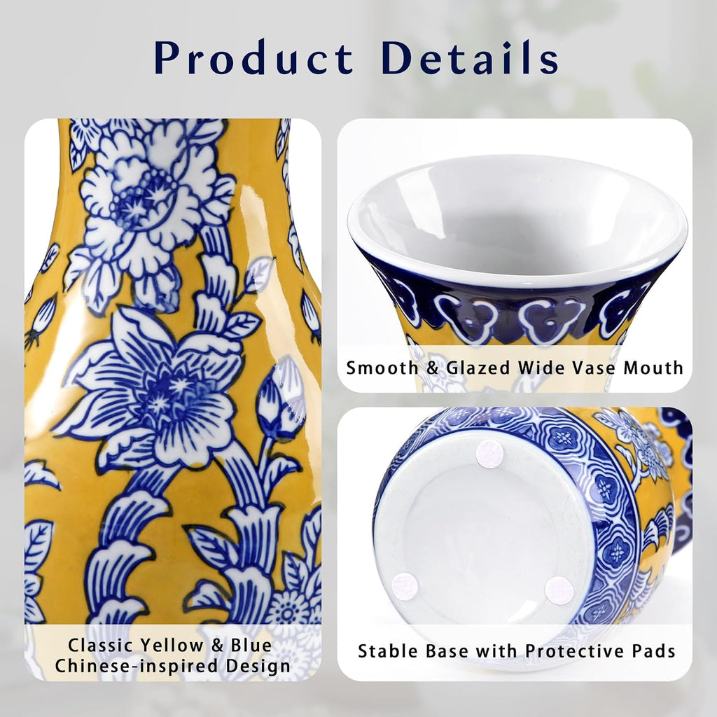 Blue and Yellow Ceramic Vase 11" Chinoiserie Flower Vase in Wide Mouth