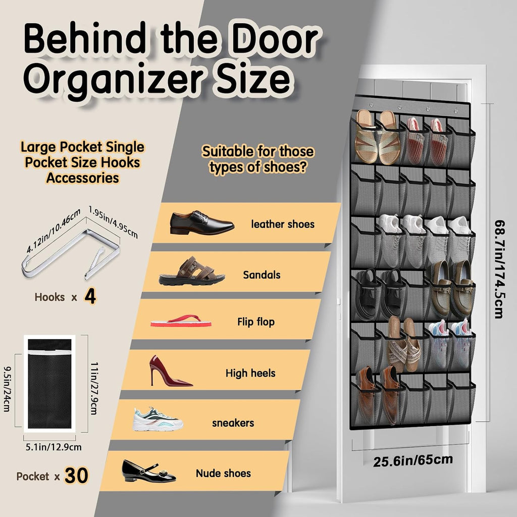 Over the Door Shoe Organizer with 30 Breathable Mesh Pockets (2PC-Gray)
