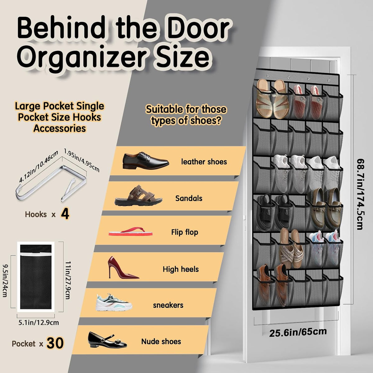 Over the Door Shoe Organizer with 30 Breathable Mesh Pockets (2PC-Gray)