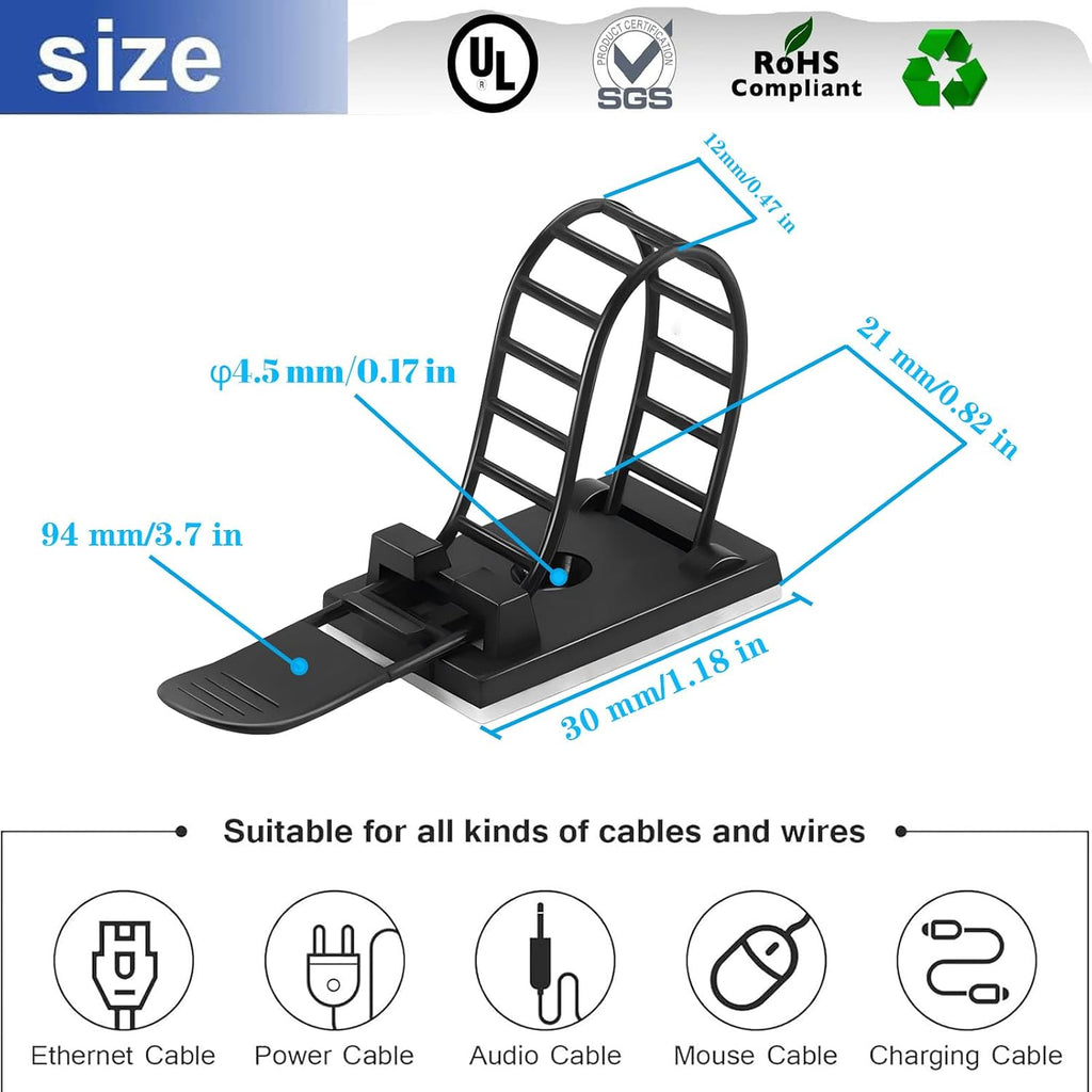 Adjustable adhesive cable management clips 100Pcs, large self adhesive cable ties clips ，Suitable for cable management under desks and on walls(Black)