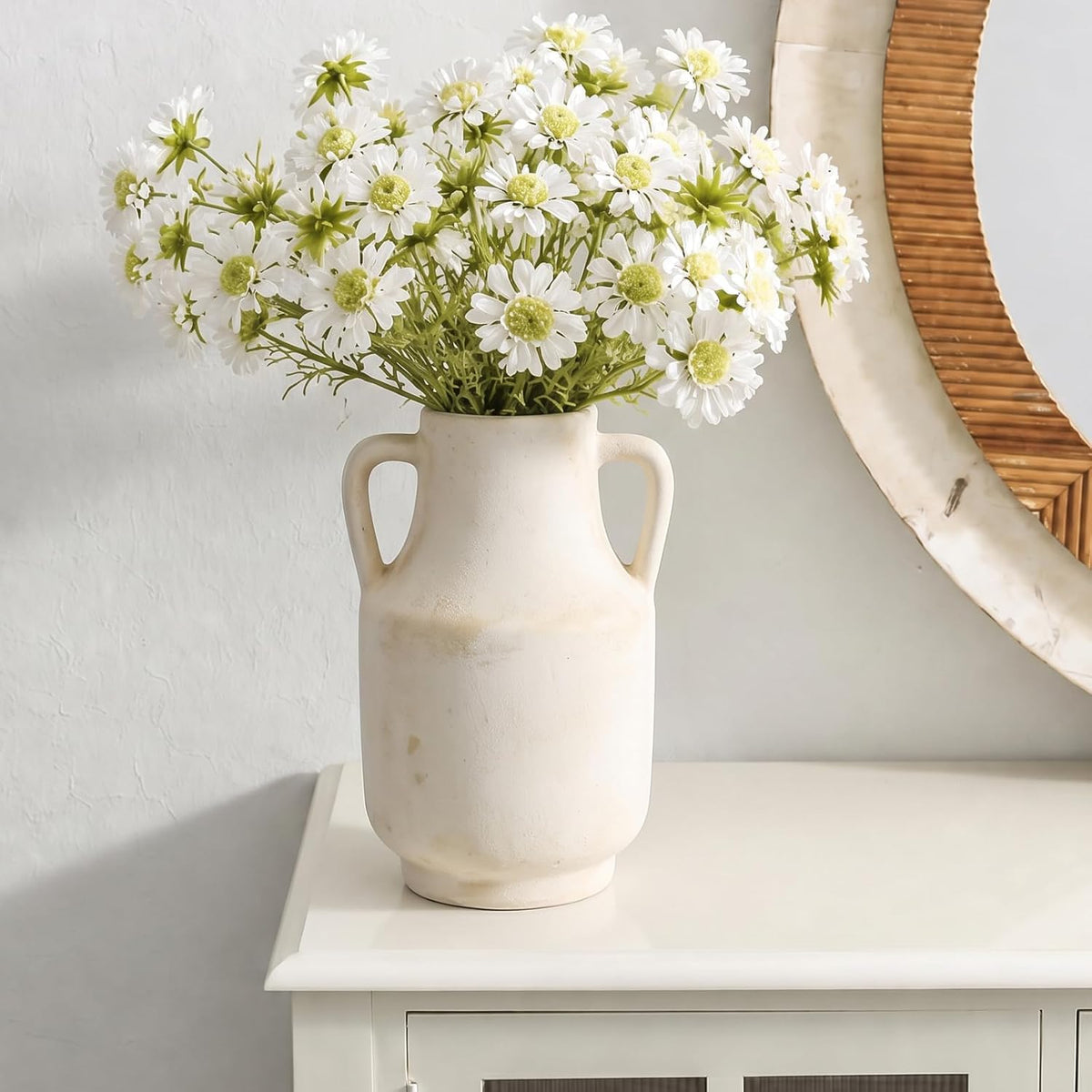 Deep Dream Ceramic Flower Vase with Handles, 11 Inch Large White Ceramic Vase, Decorative Tall Terracotta Vase, Farmhouse Rustic Vase for Home Decor, Shelf, Living Room, Bedroom,Table (White)